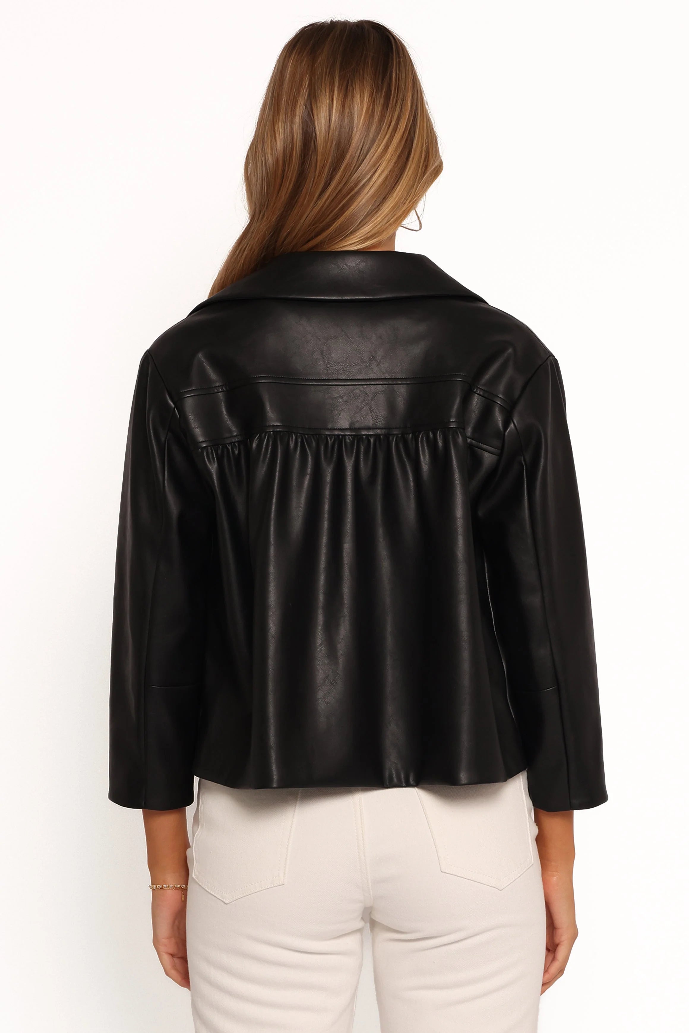 Evora Faux Leather Button Front Jacket - Black