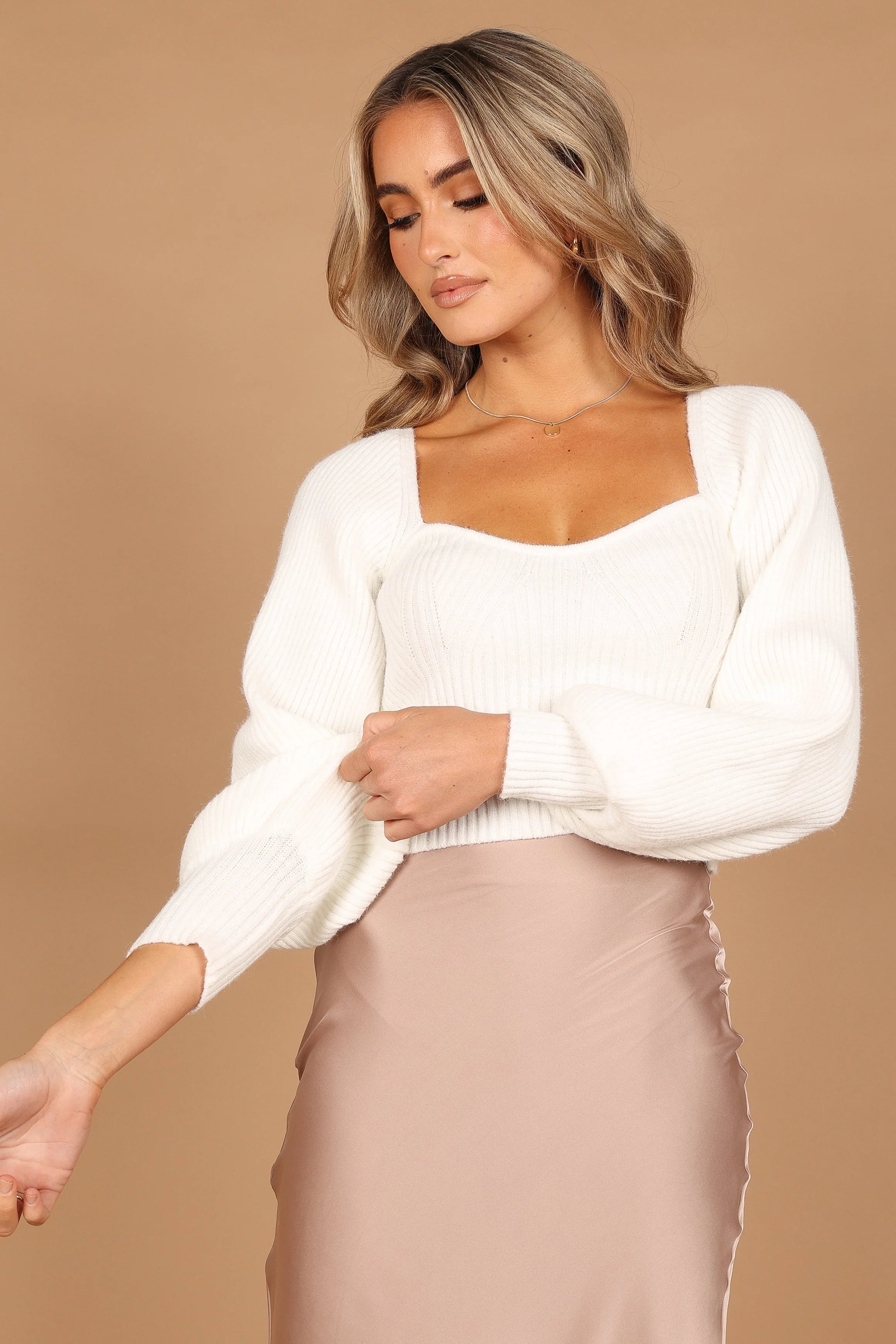 Gia Sweetheart Neck Bell Sleeve Knit Sweater - White
