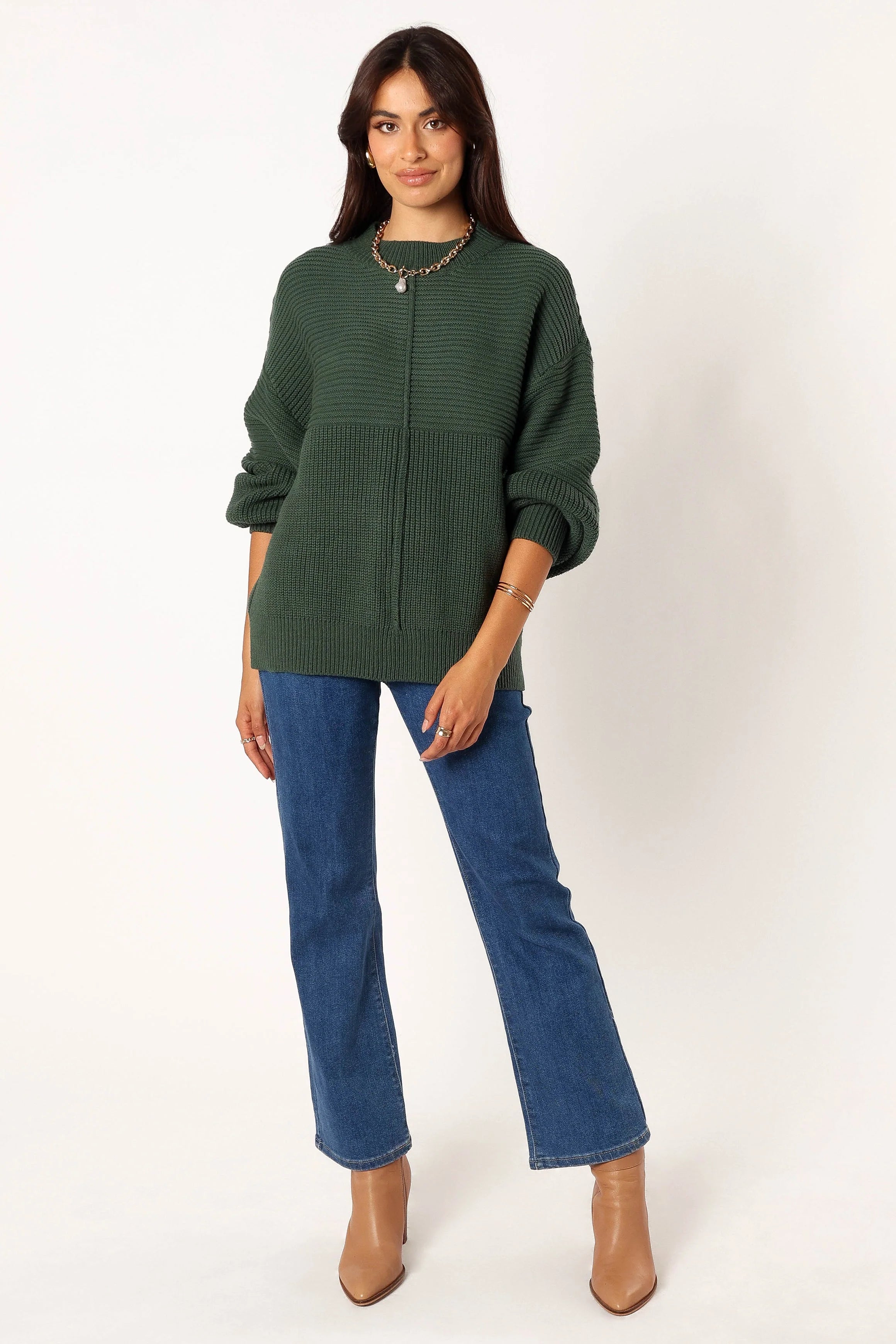 Meredith Ribbed Crewneck Knit Sweater - Green