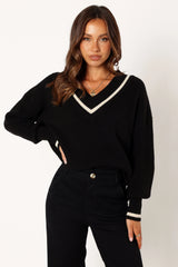 Dominique Contrast Vneck Knit Sweater - Black/Cream