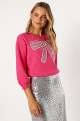 June Embellished Bow Knit Sweater - Hot Pink