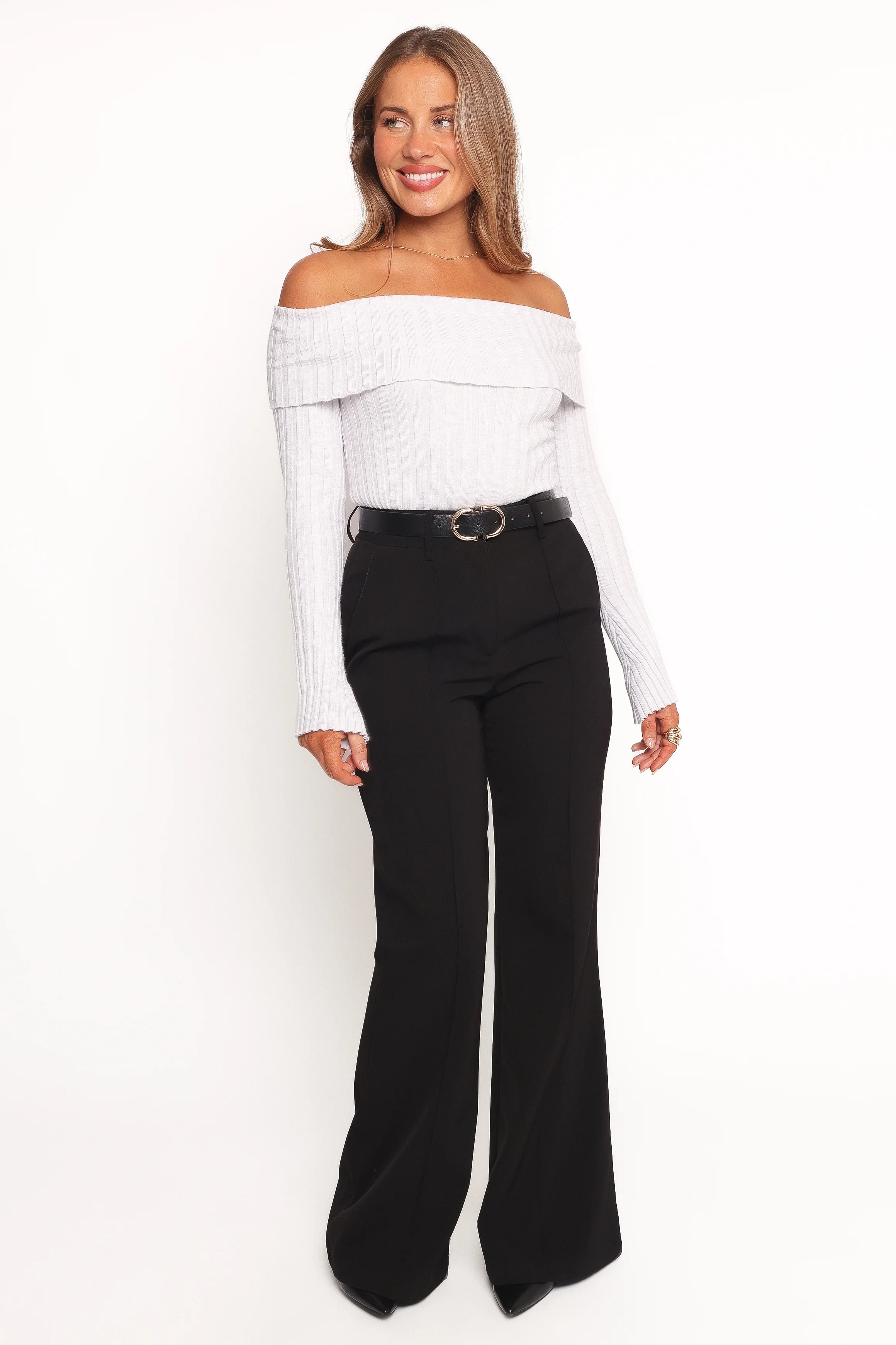 Anderson Wide Rib Off Shoulder Top - Pastel Grey