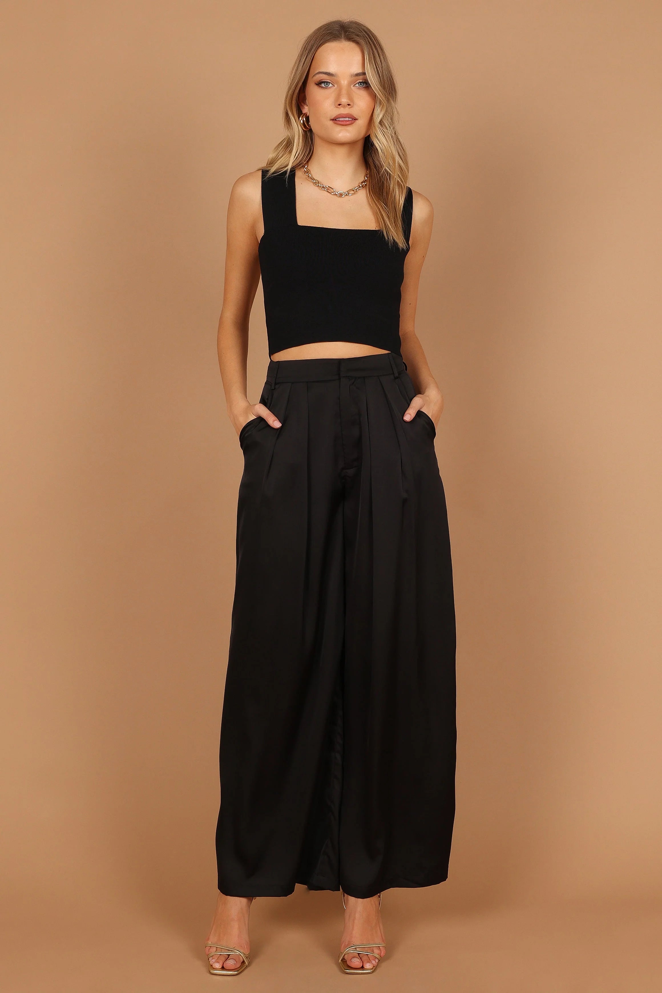 Wellington Wide Leg Satin Pant - Black