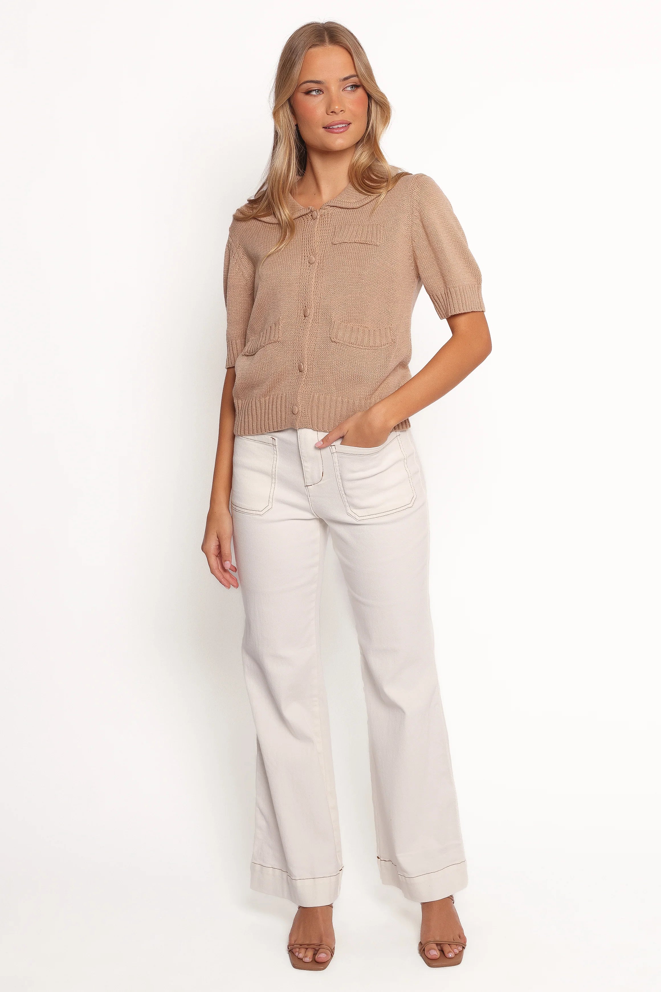 Roman Button Front Cardigan - Beige