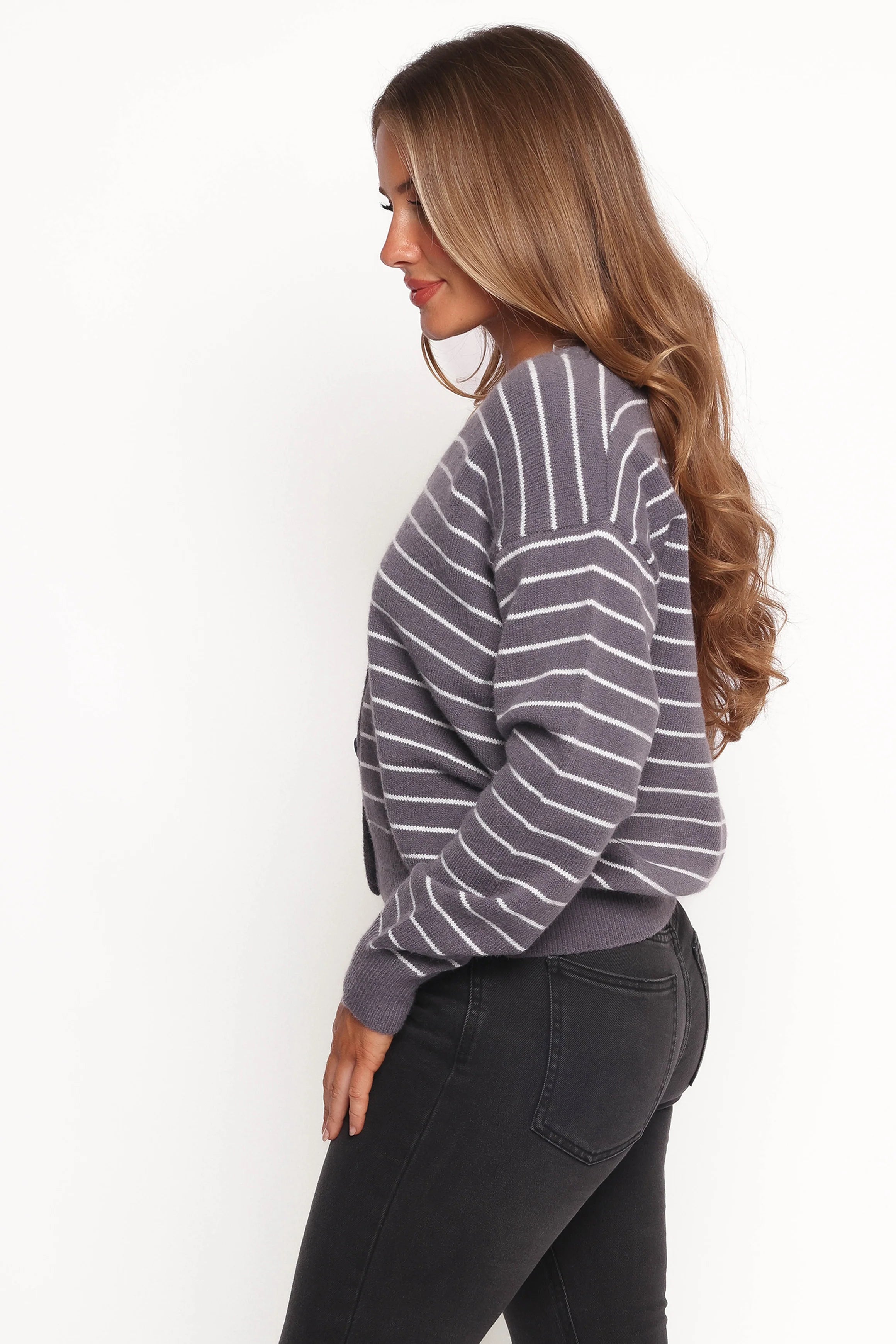 Zammy Lurex Strip Button Front Cardigan - Grey