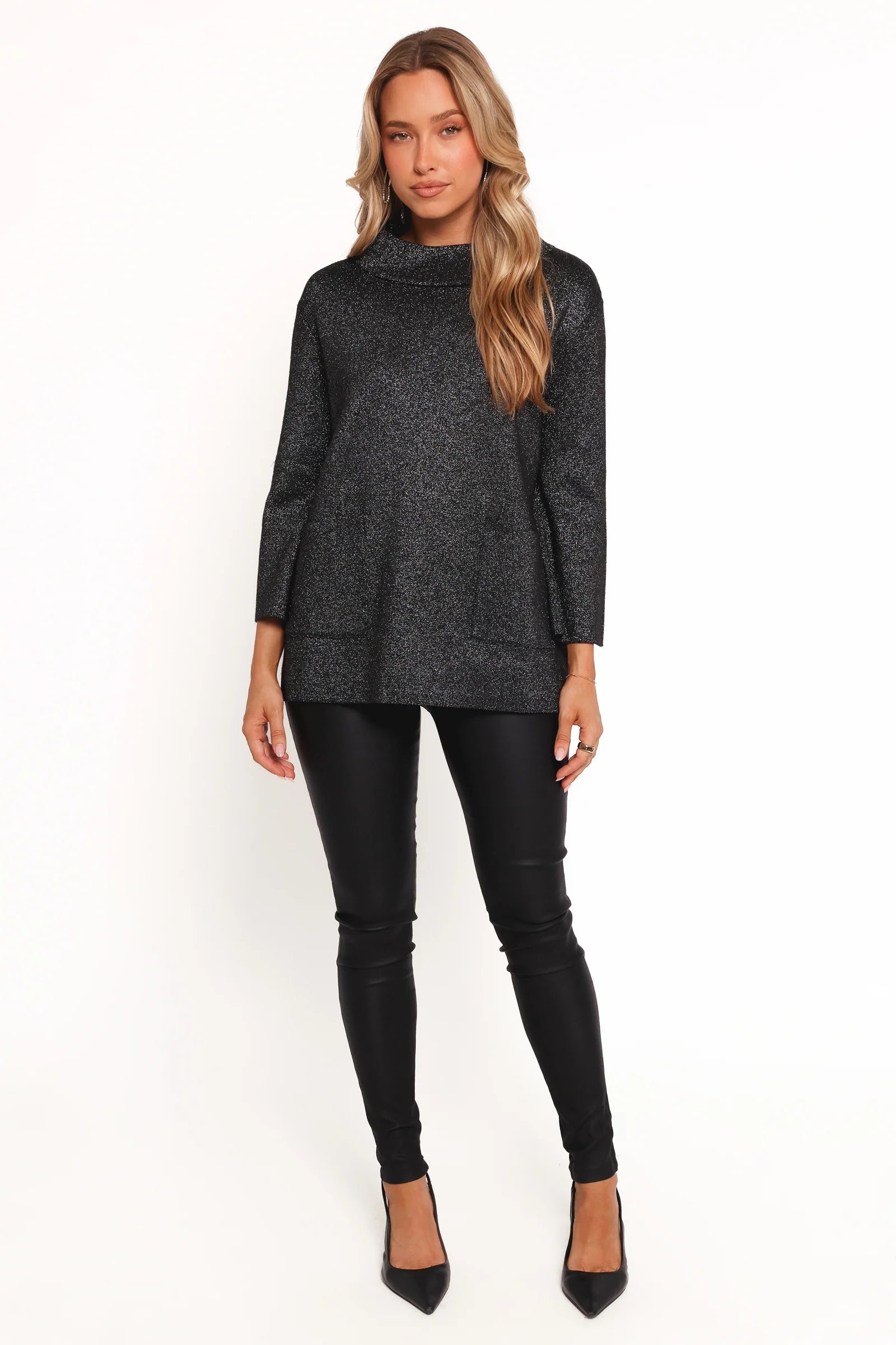 Tassie Cowlneck Lurex Shimmer Knit Sweater - Black