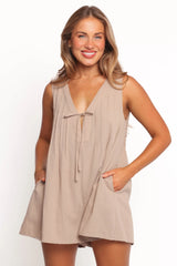 Kallie Tie Front Romper - Mocha