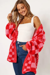 Davina Pattern Open Front Cardigan - Red/Pink