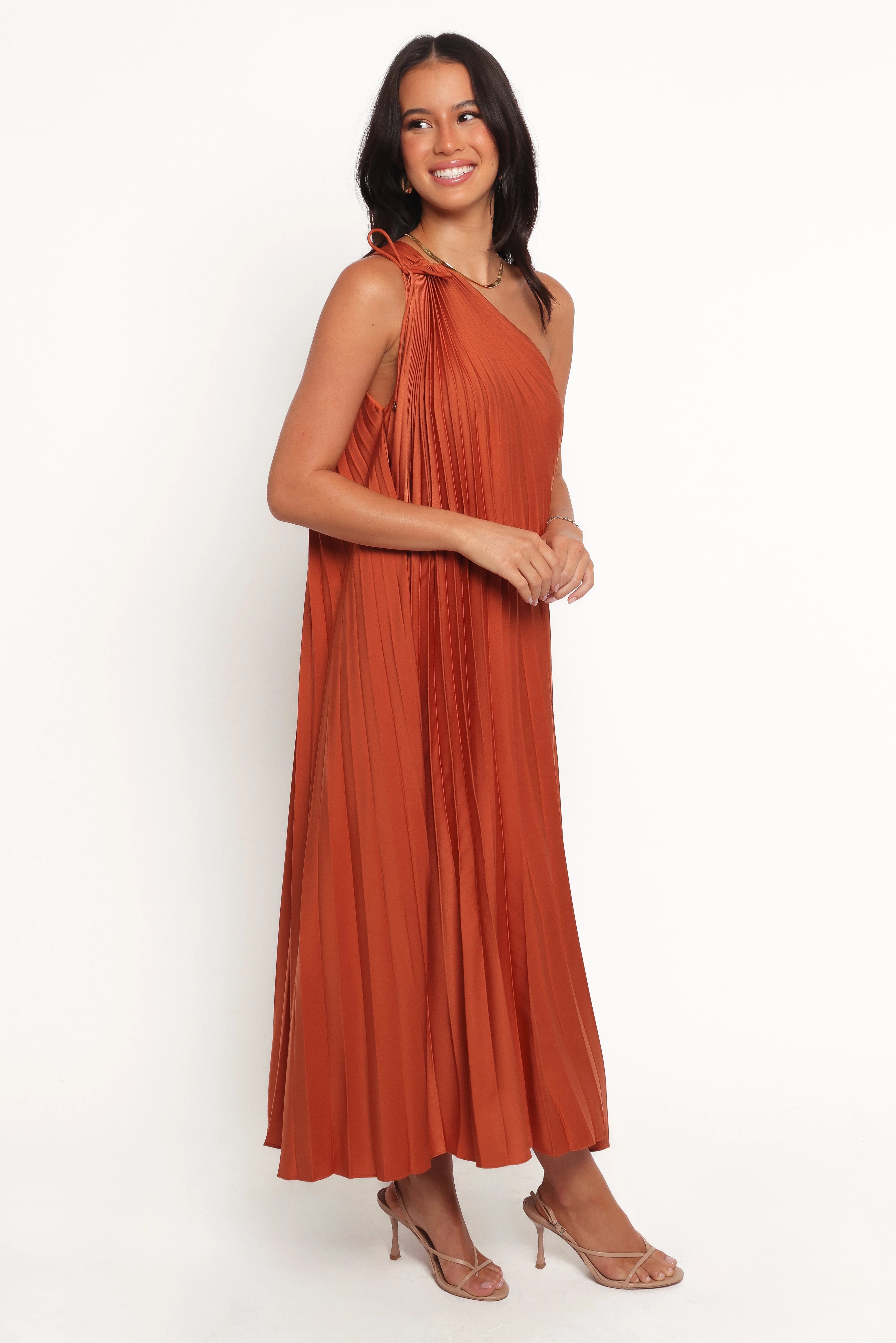 Selena One Shoulder Midi Dress - Russet Bronze