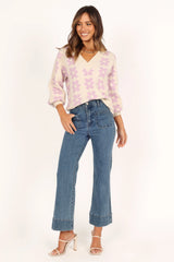 Remi Vneck Flower Knit Sweater - Lilac