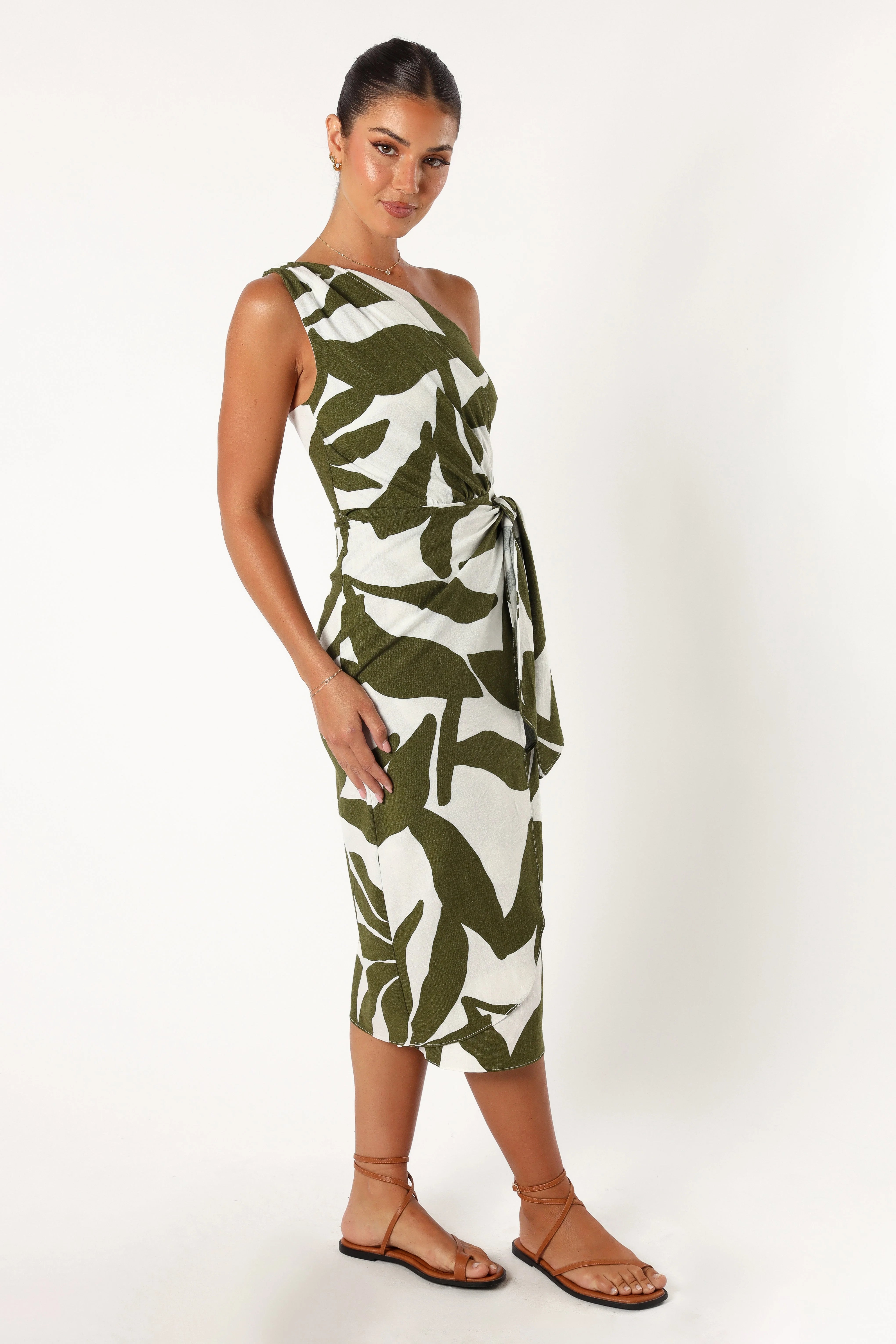 Zara One Shoulder Midi Dress - Olive Palm