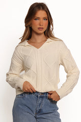 Robbie Collar Neck Cable Knit Sweater - Cream
