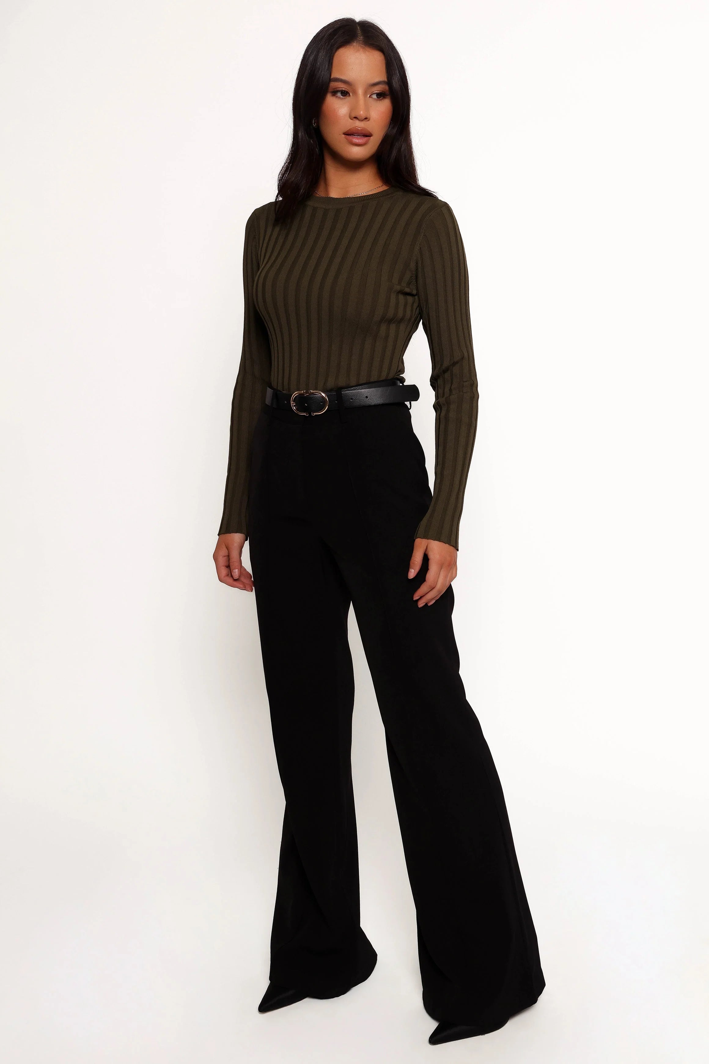 Aneesa Wide Rib Knit Top - Dark Olive