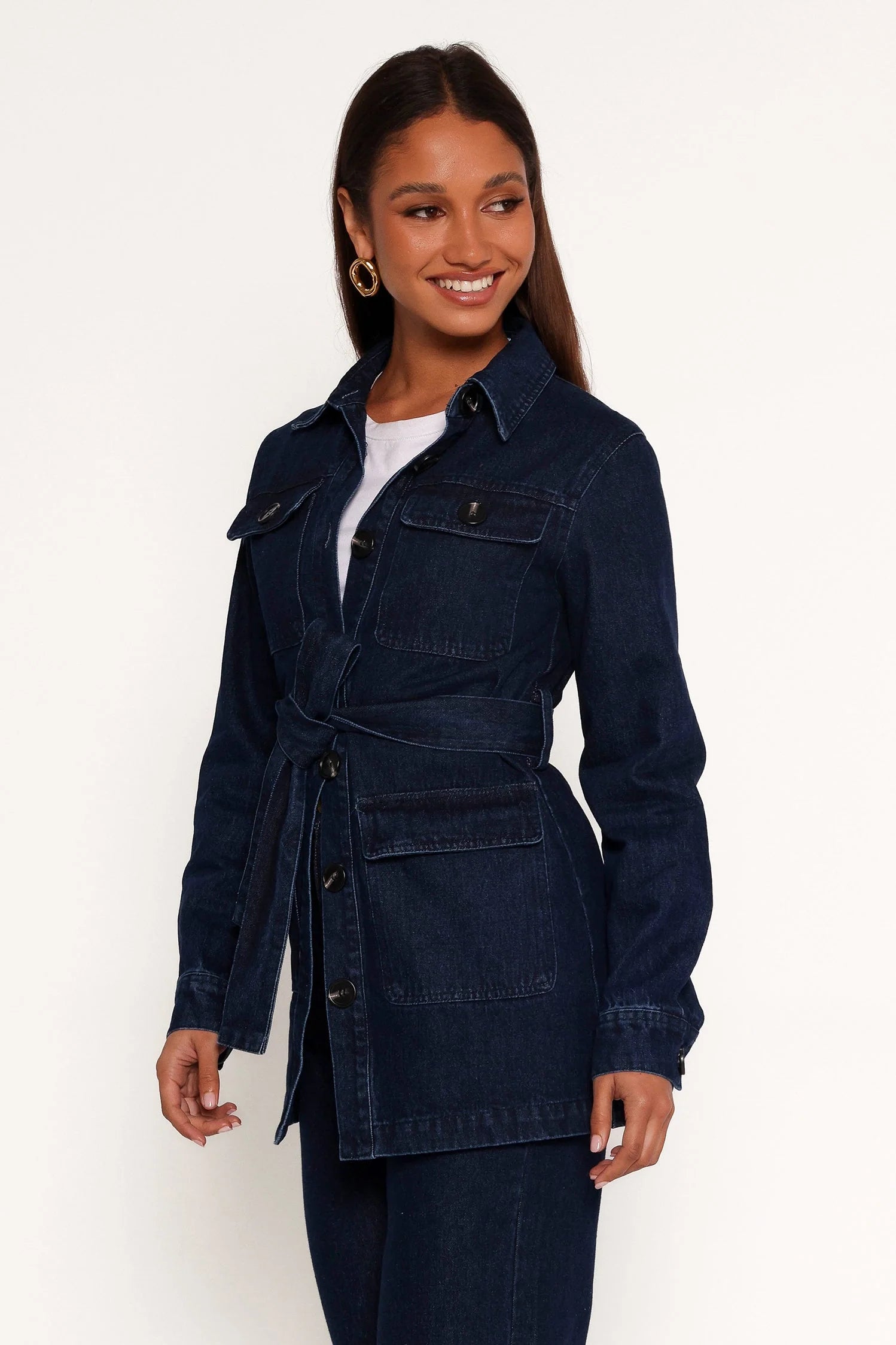 Nadine Tie Waist Button Front Jacket - Denim