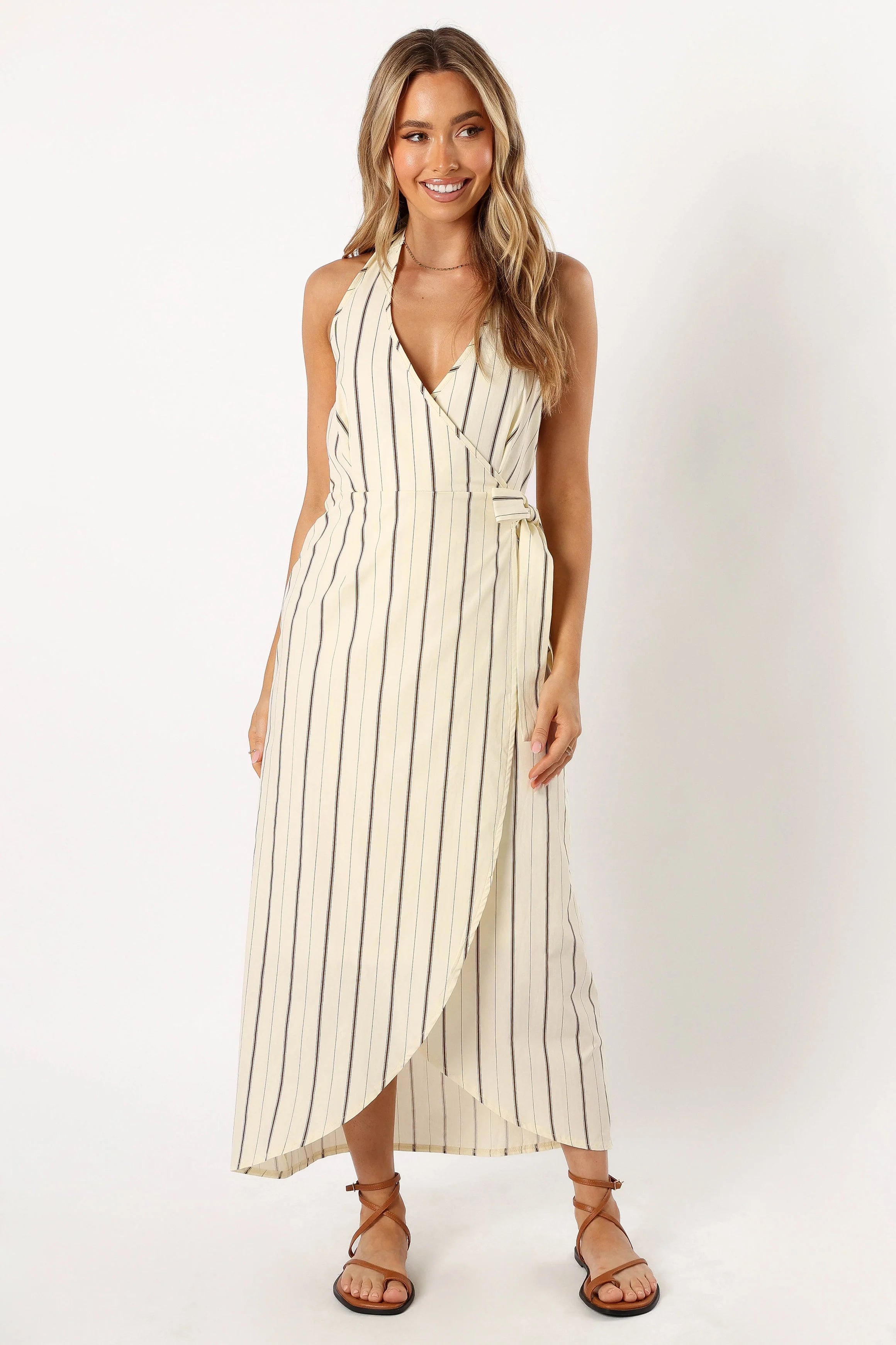 Abigail Wrap Midi Dress - Beige Stripe