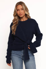 Ettie Wrap Side Tie Knit Sweater - Navy