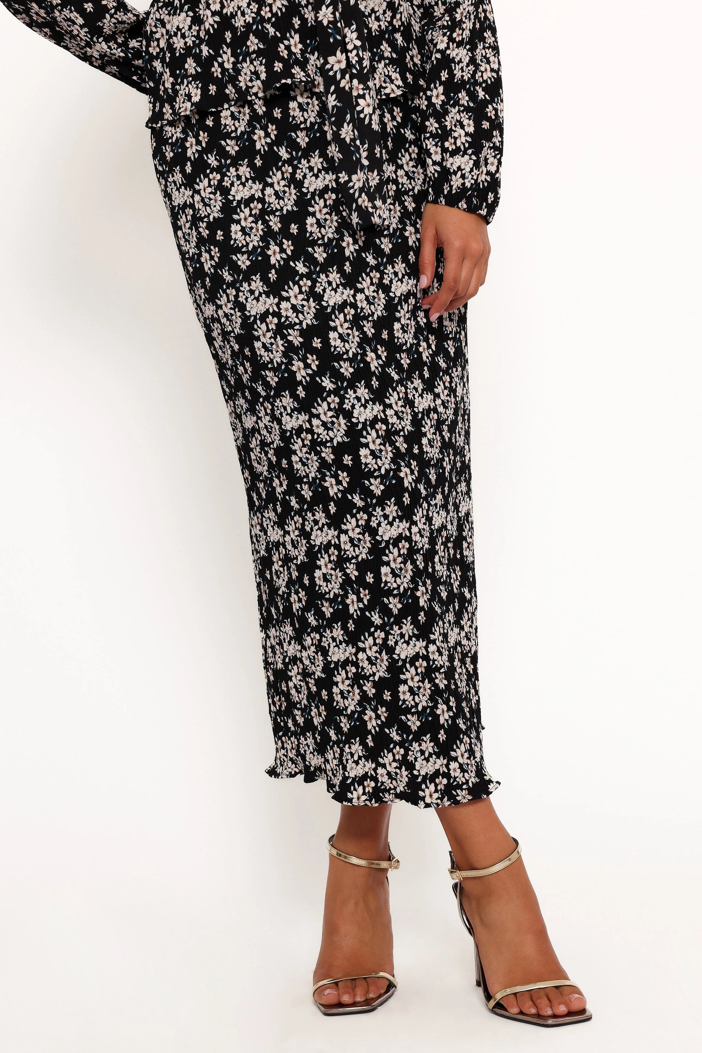 Minelli Pleat Midi Skirt - Black/White Floral