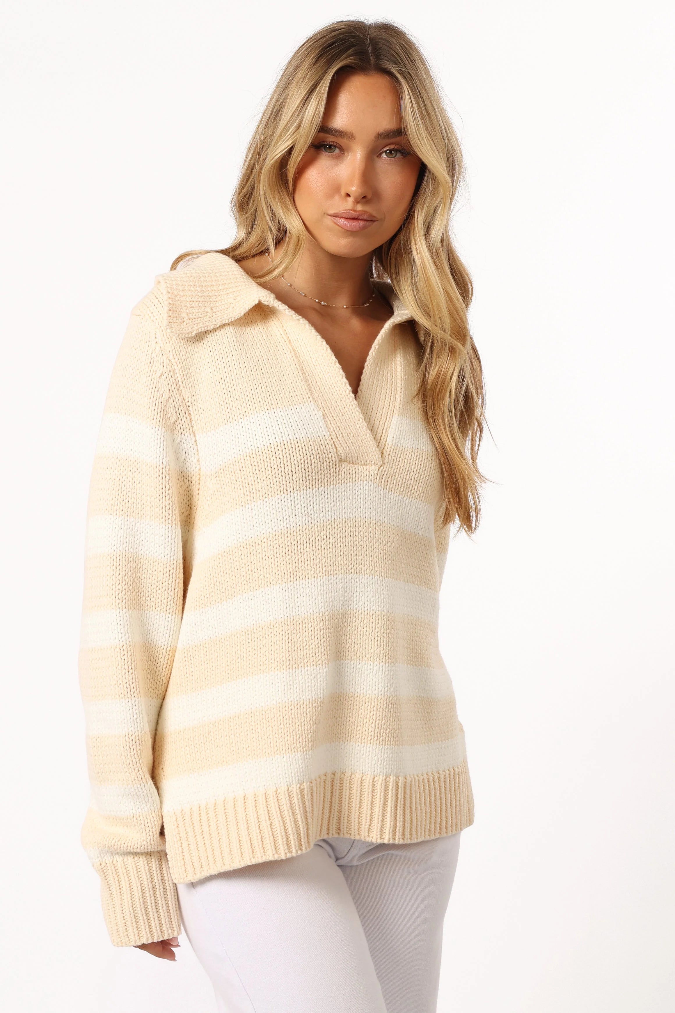Shea Striped Collar Knit Sweater - Cream