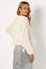 Ryleigh Jewel Embellished Crewneck Knit Sweater - Cream